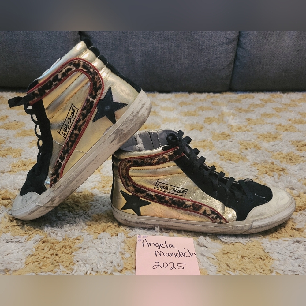 Golden Goose Women's Gold and Black Sneakers with Leopard Accents- 39